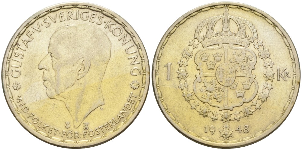 Швеция 1 крона 1948 TS, Густав V (1907-1950) KM 814 серебро 3457-115