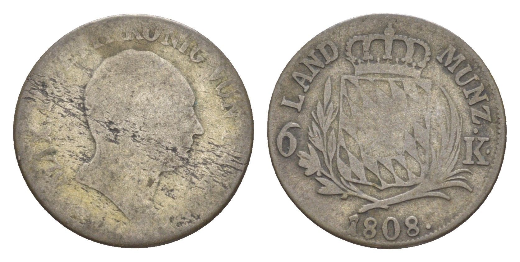 Бавария 6 крейцеров 1808 Максимилиан I (1806-1825) KM 686 серебро 4649-451