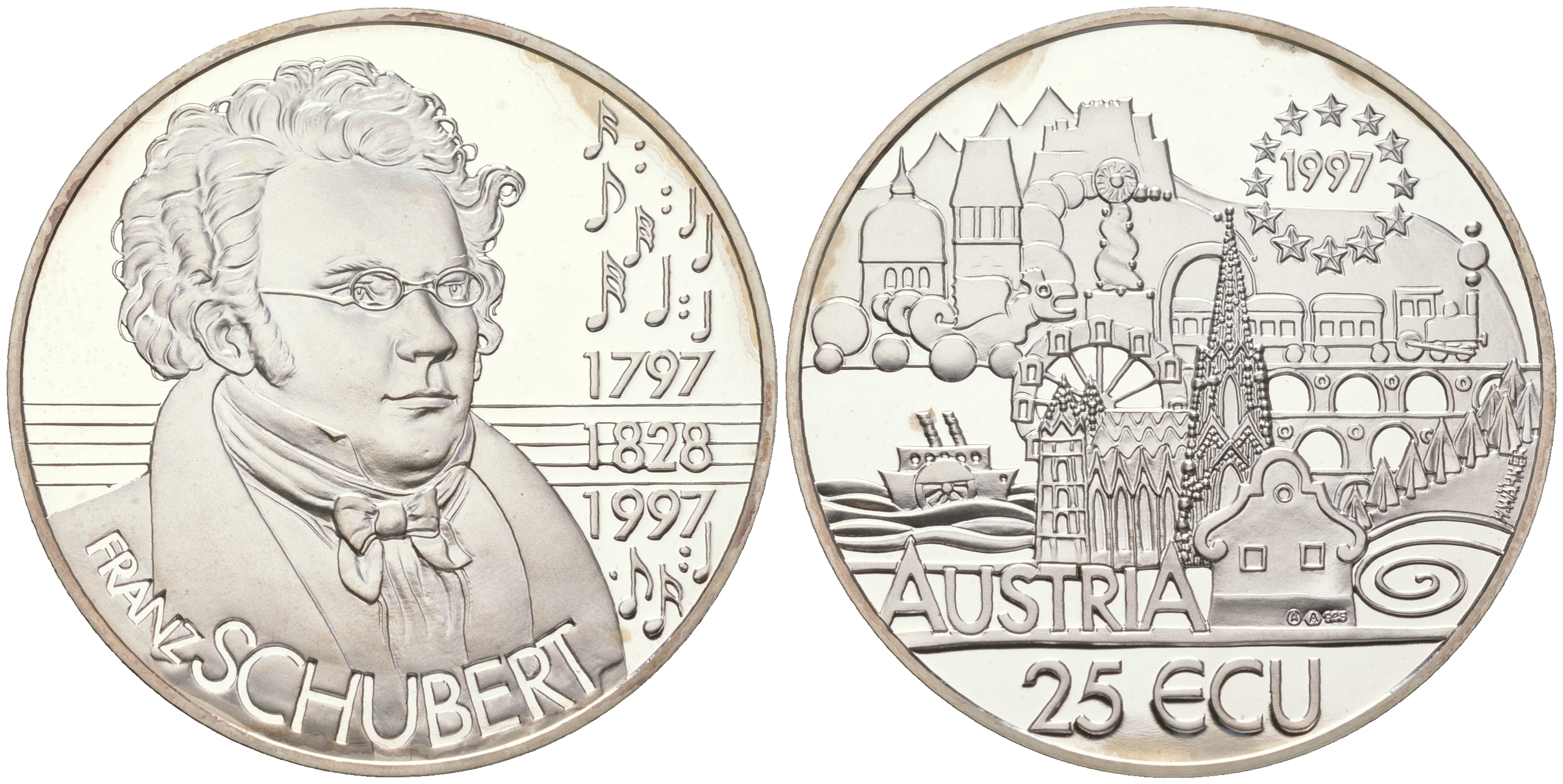 Австрия 25 экю 1997 200 лет со дня рождения Франца Шуберта KM X30 серебро  PROOF  11-271-43