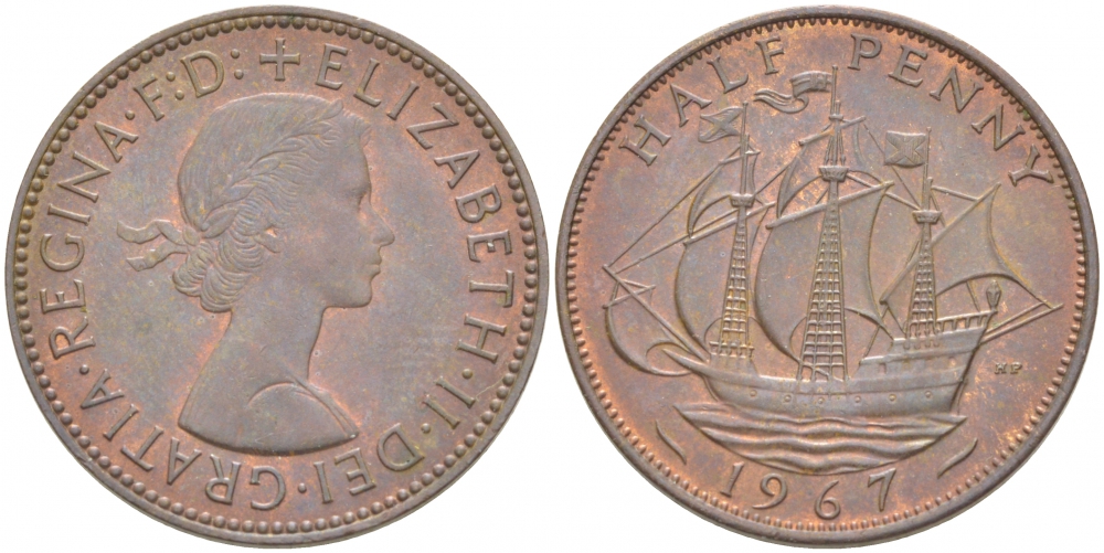 Великобритания 1/2 пенни 1967 Елизавета II (1952-2022) KM 896, Spink 4158 бронза 77-443