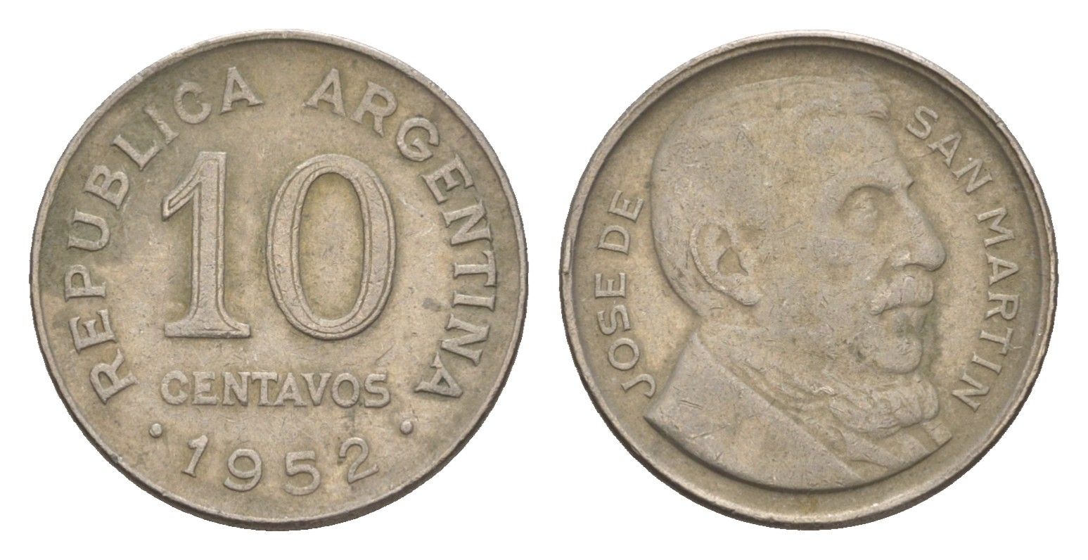 Аргентина 10 сентаво 1952 генерал Хосе де Сан Мартин KM 47 медно-никель 4655-1016