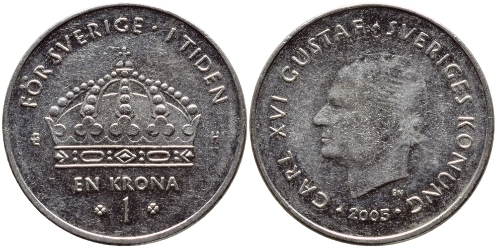 Швеция 1 крона 2005 Карл XVI Густав (1973- ) KM 894 медно-никель 93-632