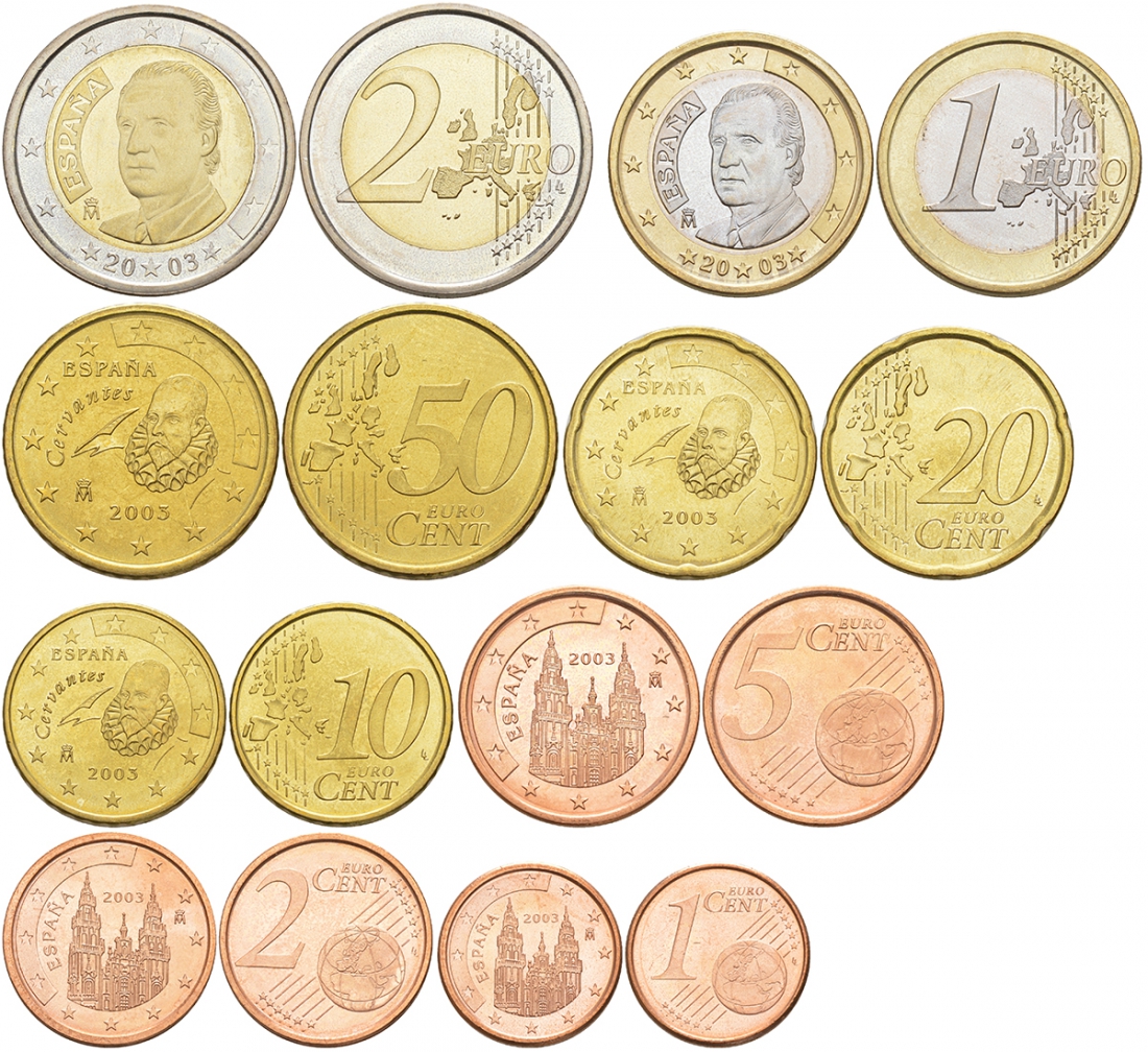 Испания евронабор из 8 монет 2003 1, 2, 5, 10, 20, 50 евроцентов, 1 и 2 евро KM 1040, 1041, 1042, 1070, 1071, 1072, 1073, 1074 UNC 183-151