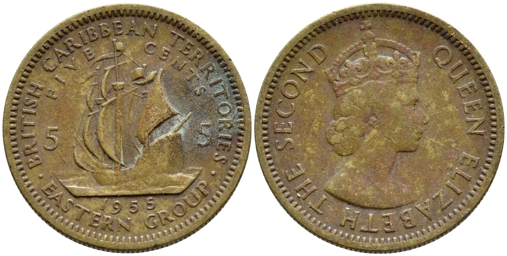 Британские Восточно-Карибские территории 5 центов 1955 Елизавета II (1952-2022), парусник KM 4 никель латунь 89-1533