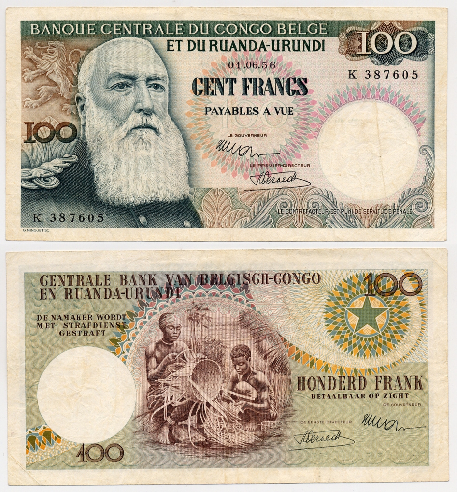 Бельгийское Конго 100 франков 1956 Руанда-Бурунди, Леопольд I Pick 33a бумага 000-00-00