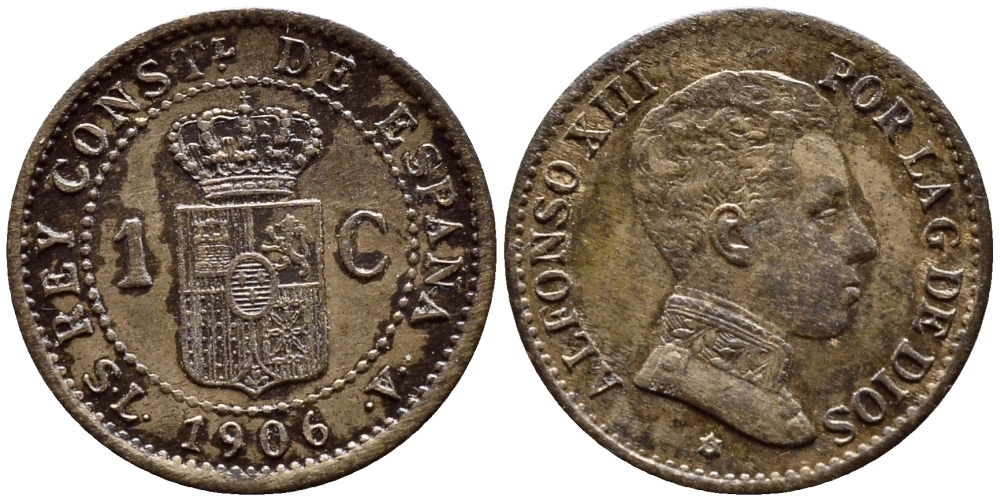 ИСПАНИЯ 1 СЕНТИМО 1906 SL-V, АЛЬФОНСО XIII (1886-1931) KM 726 бронза 4391-116