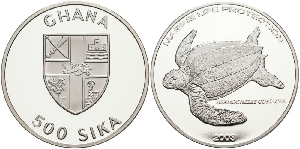 Гана 500 сика 2003 серия защита морской жизни, морская черепаха KM NEW серебро PROOF 01-172-42