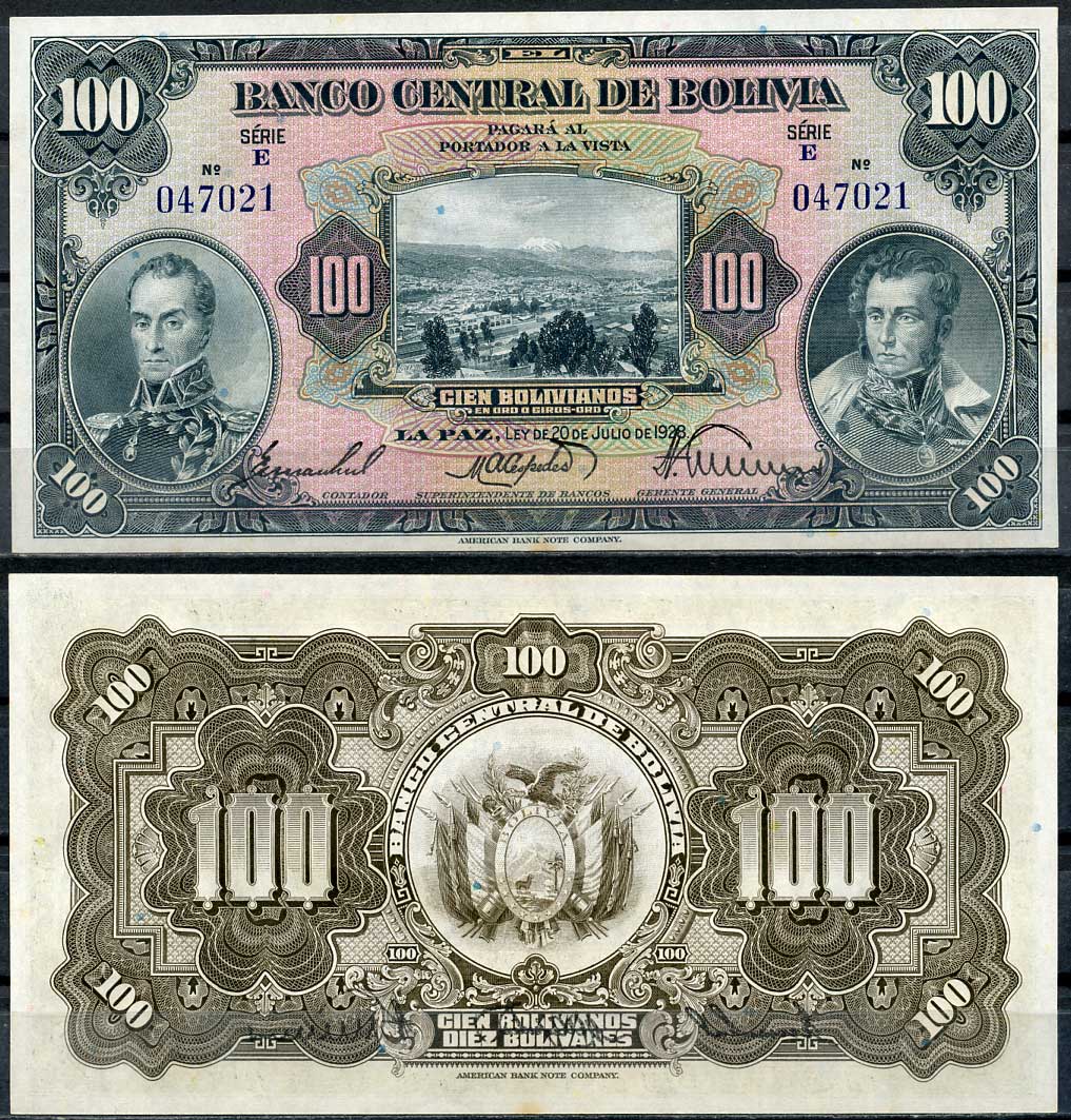 Боливия 100 боливиано 1928 серия E, Симон Боливар и Антонио Хосе Сукре Pick 125 a (5)  бумага  UNC (пресс) 451-52-1