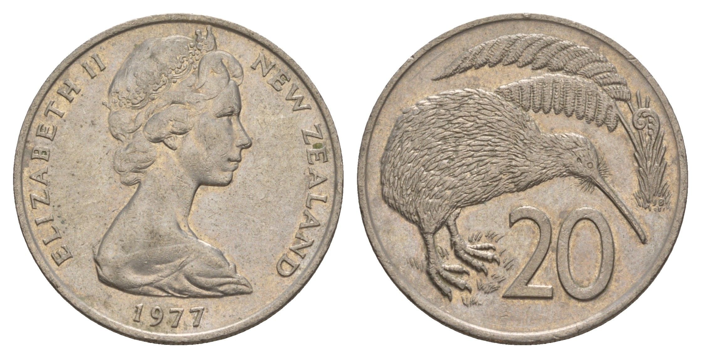 Новая Зеландия 20 центов 1977 Елизавета II (1952-2022), птичка киви KM 36.1 медно-никель 4182-1122
