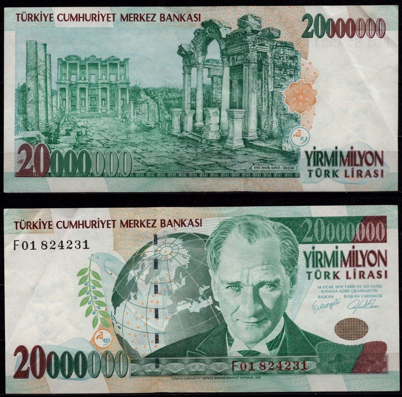 Турция 20000000 турецких лир 2000 Президент Мустафа Кемаль Ататюрк, Эфес (Эфес), Сельчук Pick 215 (2) бумага 7523-11-4-1
