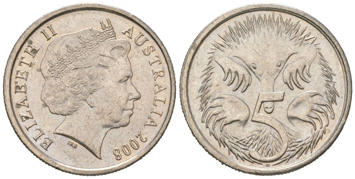 Австралия 5 центов 2008 ехидна, Елизавета II (1952-2022) KM 401 медно-никель aUNC 4618-715