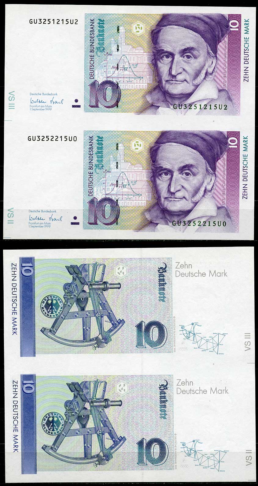 ФРГ 10 марок 1999 1 сентября 1999, Карл Фридрих Гаус, неразрезанные две боны Pick 38 d бумага UNC (пресс) 451-136-1