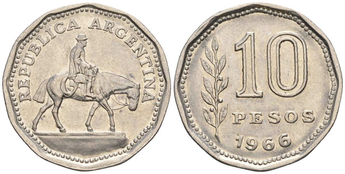 Аргентина 10 песо 1966 Гаучо KM 60, Schon 60, CJ 285 никелированная сталь    60-944