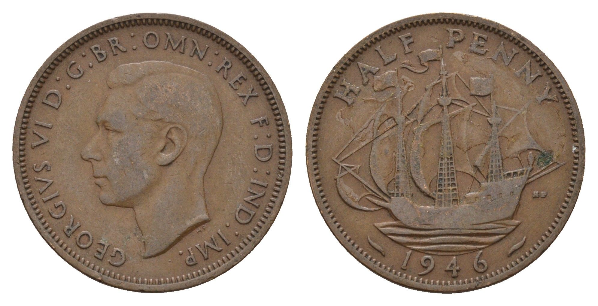 Великобритания 1/2 пенни 1946 Георг VI (1936-1952) KM 844, Spink 4115 бронза 4675-423