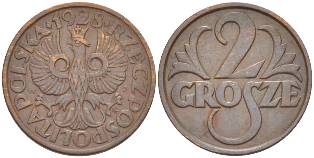 ПОЛЬША 2 ГРОША 1928 w KM 9a, Parchimowicz 102d бронза VF 4181-1157