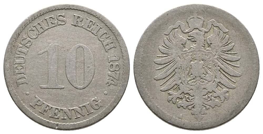 Германия 10 пфеннигов 1874 А, старогербовка, KM 4, J. 4 медно-никель 4364-2815