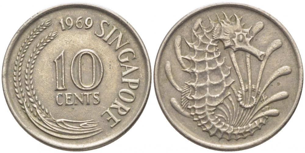 Сингапур 10 центов 1969 морской конек KM 3 медно-никель 4448-514