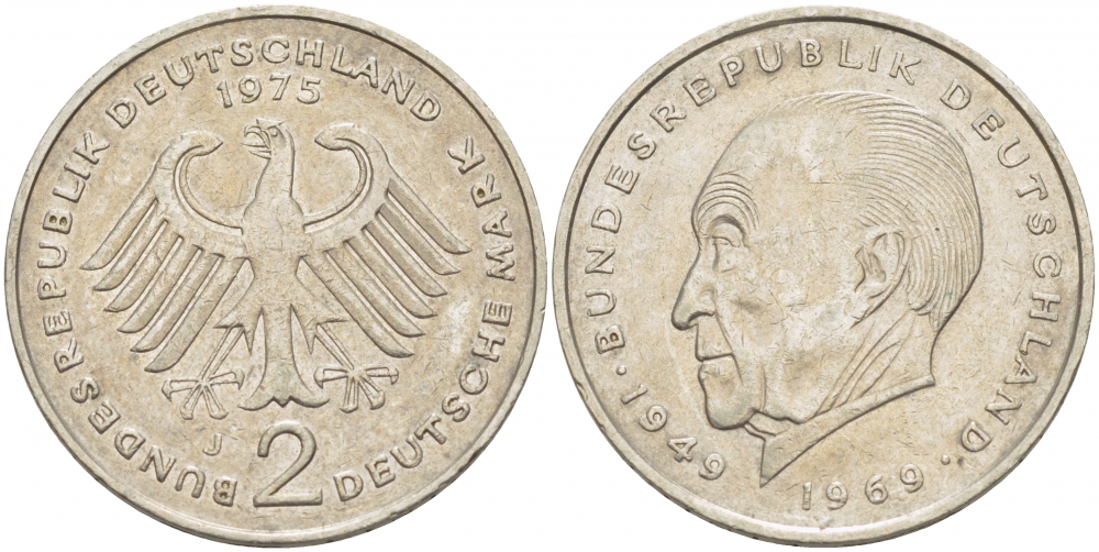 ФРГ 2 МАРКИ 1975 J, КОНРАД АДЕНАУЭР KM 124, J. 406 медно-никель плакированный никелем 3718-1117