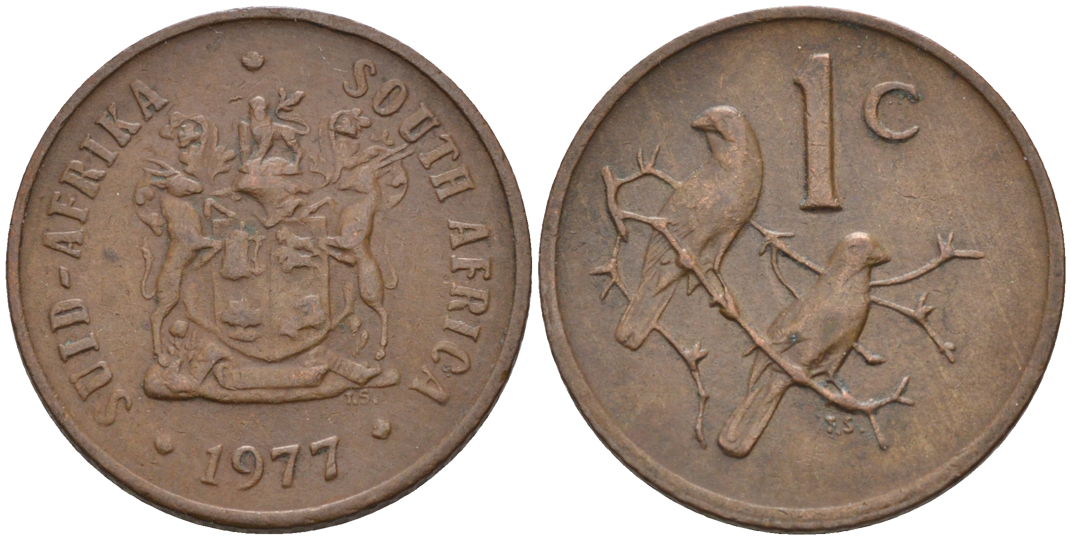 ЮАР 1 ЦЕНТ 1977 ГЕРБ, КАПСКИЕ ВОРОБЬИ KM 82 бронза 4588-1258