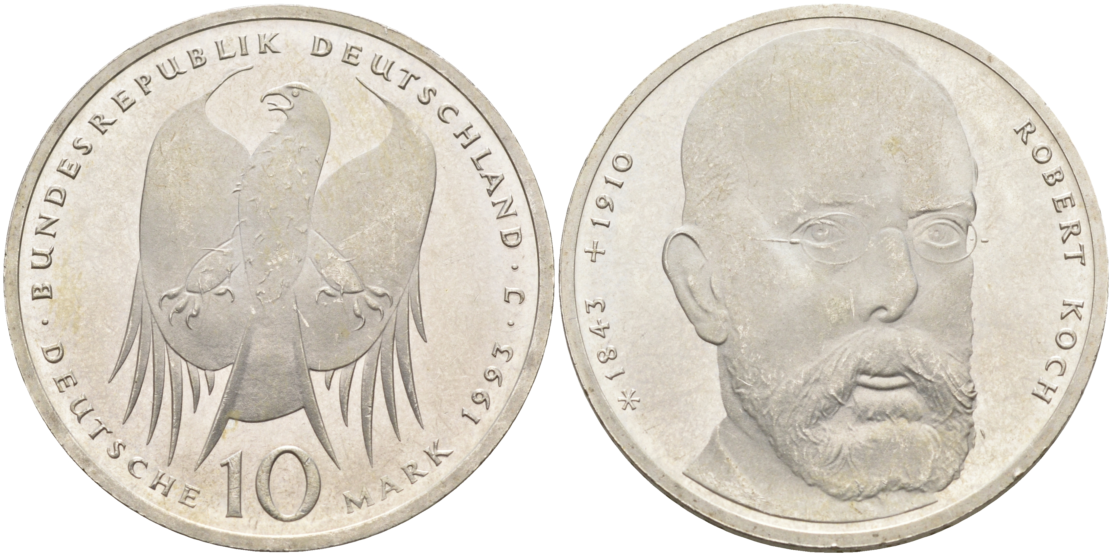 ФРГ 10 марок 1993 J, 150 лет со дня рождения Роберта Коха KM 181 серебро UNC 4593-843