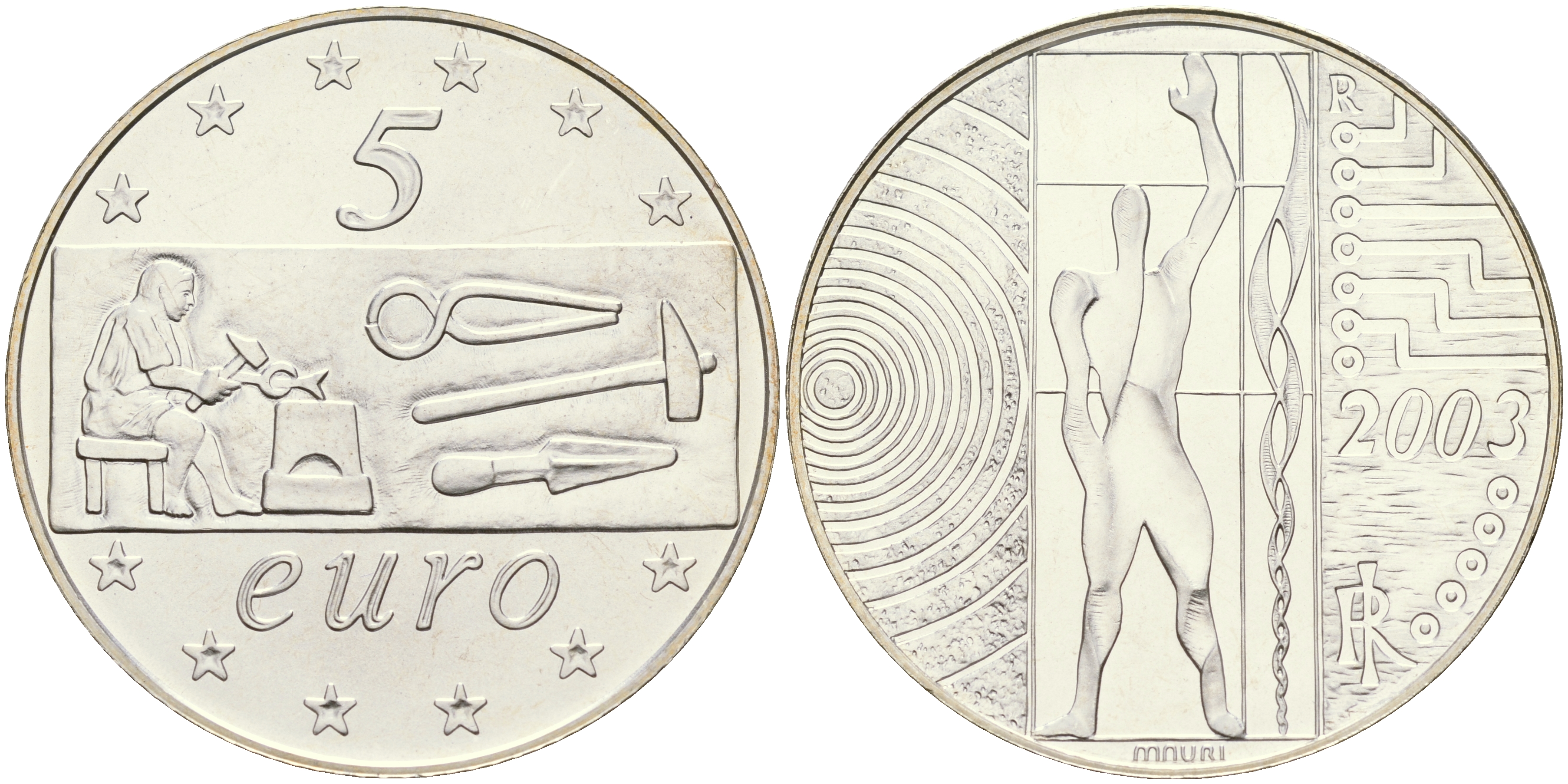 Италия 5 евро 2003 Труд в Европе KM 253 серебро UNC 06-245-41