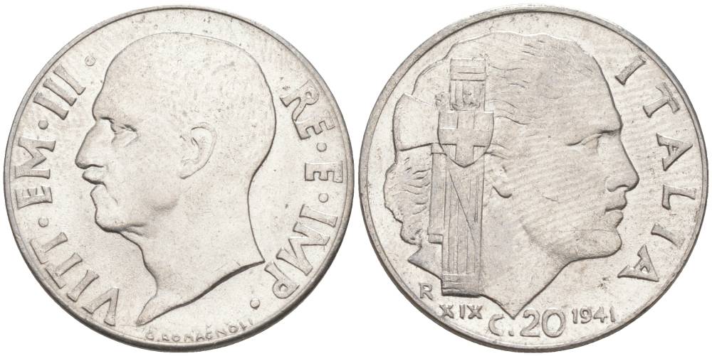ИТАЛИЯ 20 ЧЕНТЕЗИМО 1941 R, ГОД XIX, ВИКТОР ЭММАНУИЛ III (1900-1946) KM 75b, VEM3. 1028 нержавеющая сталь 3853-1156