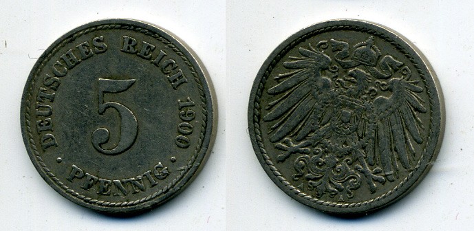 ГЕРМАНИЯ 5 ПФЕННИГОВ 1900 A, KM 11, J. 12 медно-никель 58-1144