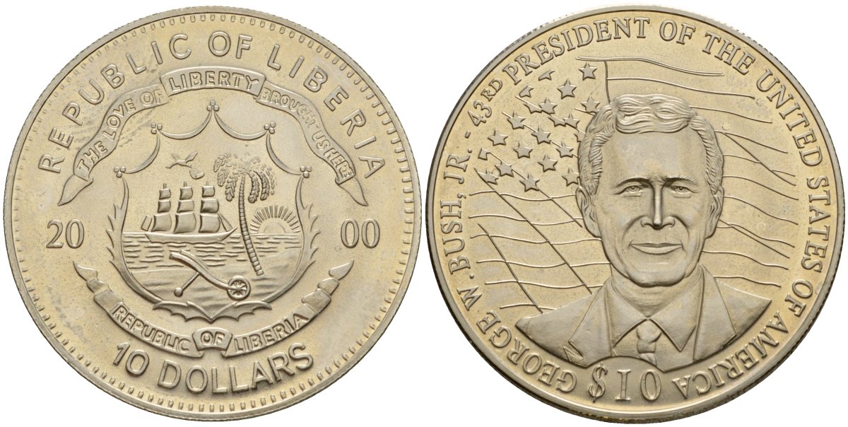 Либерия 10 долларов 2000 43-ый Президент США - Джордж Уокер Буш (2001-2009) KM 653 медно-никель UNC 3897-1116