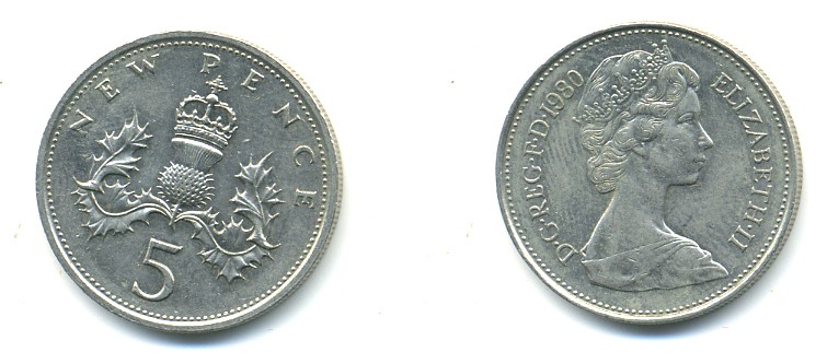 Великобритания 5 пенсов 1980 Елизавета II (1952-2022) KM 911, Spink 4233 (D1) медно-никель 4379-1456