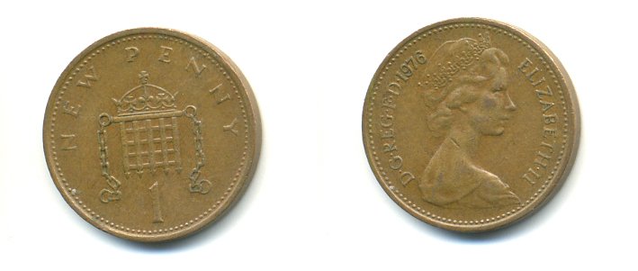Великобритания 1 пенни 1976 Елизавета II (1952-2022) KM 915, Spink 4237 (B1) бронза 59-1543