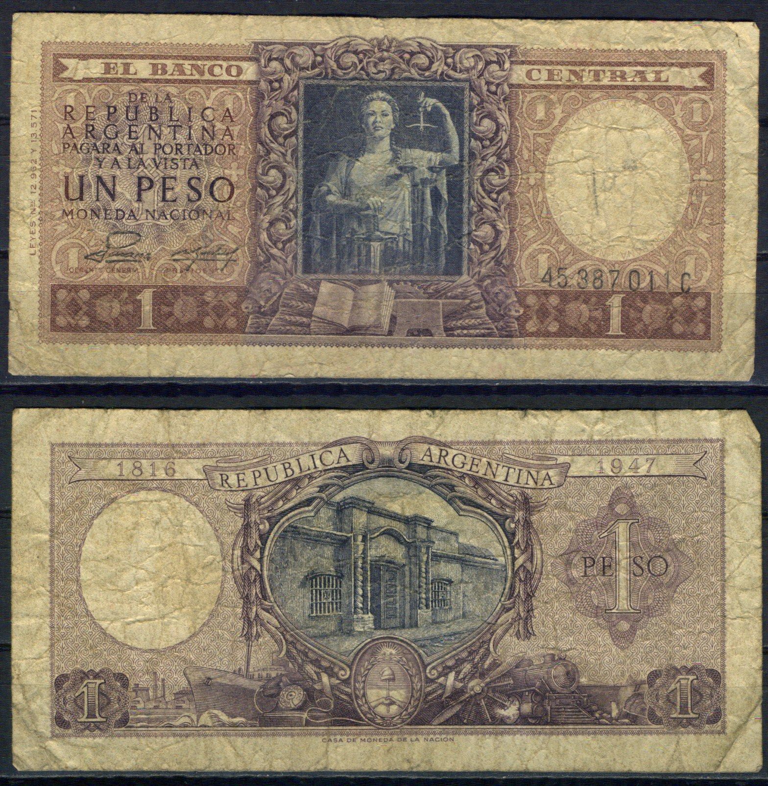 Аргентина 1 песо 1952 Pick 260 b бумага 8621-16-2-2