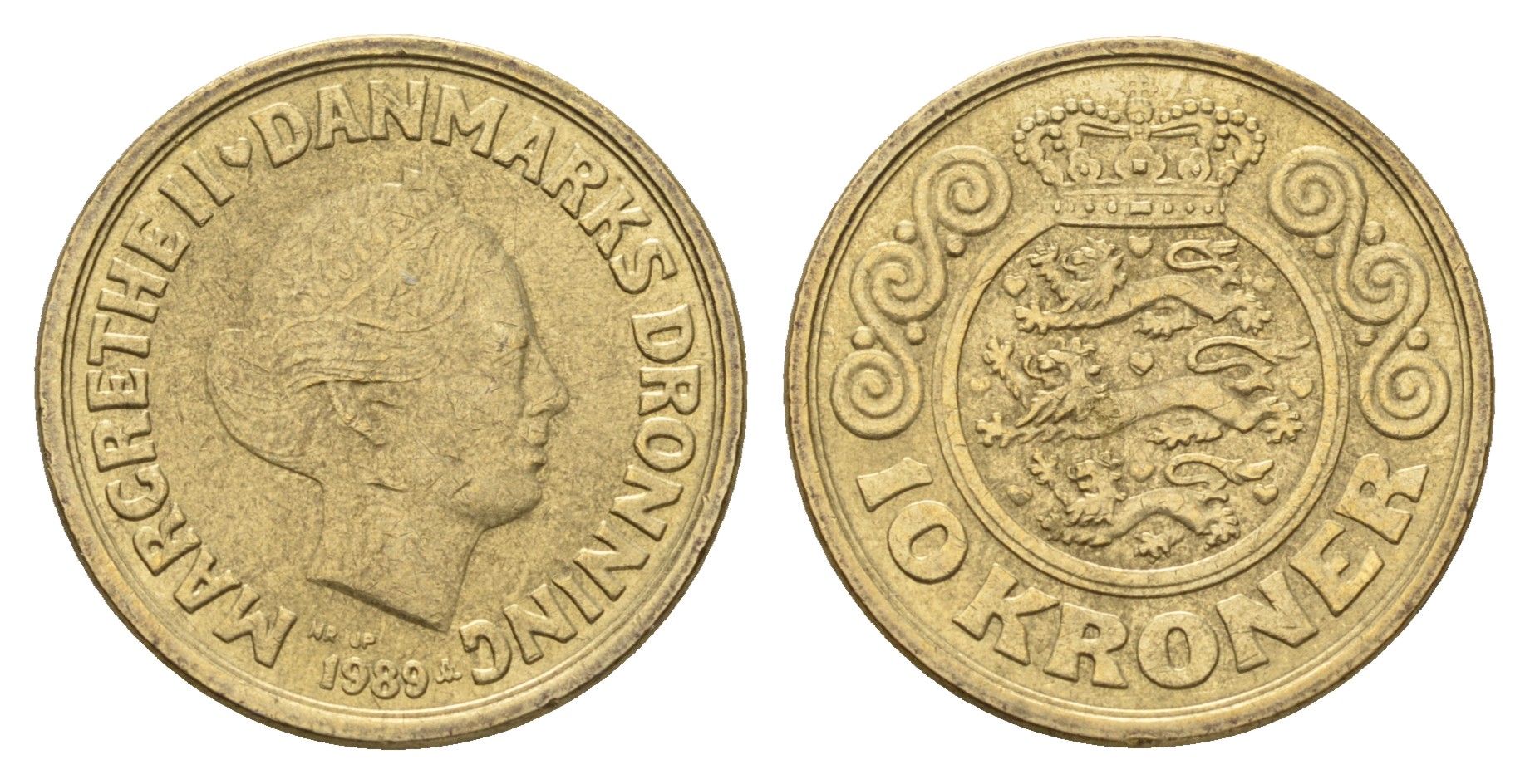 Дания 10 крон 1989 NR, Маргрете II (1972-2024) KM 867 алюминиевая бронза 119-1225