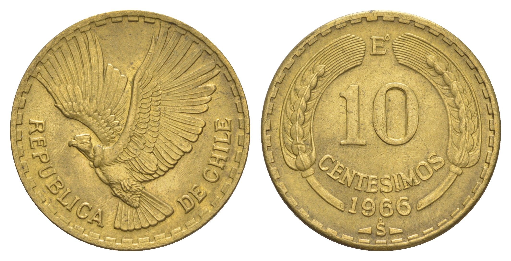 Чили 10 сентесимо 1966 KM 191 алюминиевая бронза 4641-447