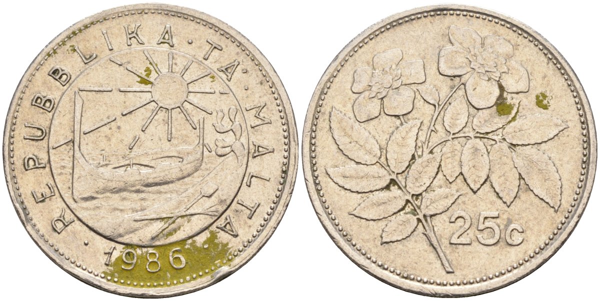 Мальта 25 центов 1986 шиповник вечнозелёный KM 80 медно-никель 4586-1247
