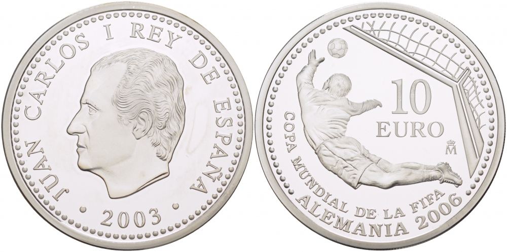 Испания 10 евро 2003 чемпионат мира по футболу в Германии 2006, вратарь, гол KM 1076 серебро PROOF 11-163-15