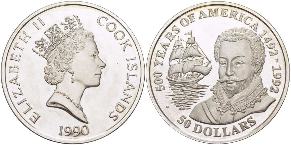 Острова Кука 50 долларов 1990 500 лет открытия Америки, Сэр Френсис Дрейк KM 45 серебро PROOF 1085-7-63