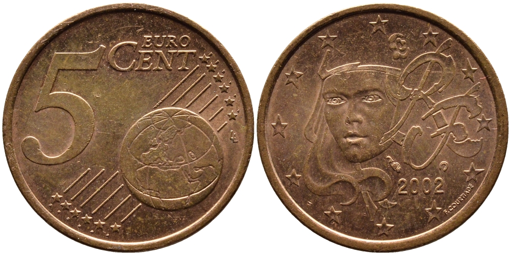Франция 5 евроцентов 2002 KM 1284 сталь плакированная медью 4390-1243