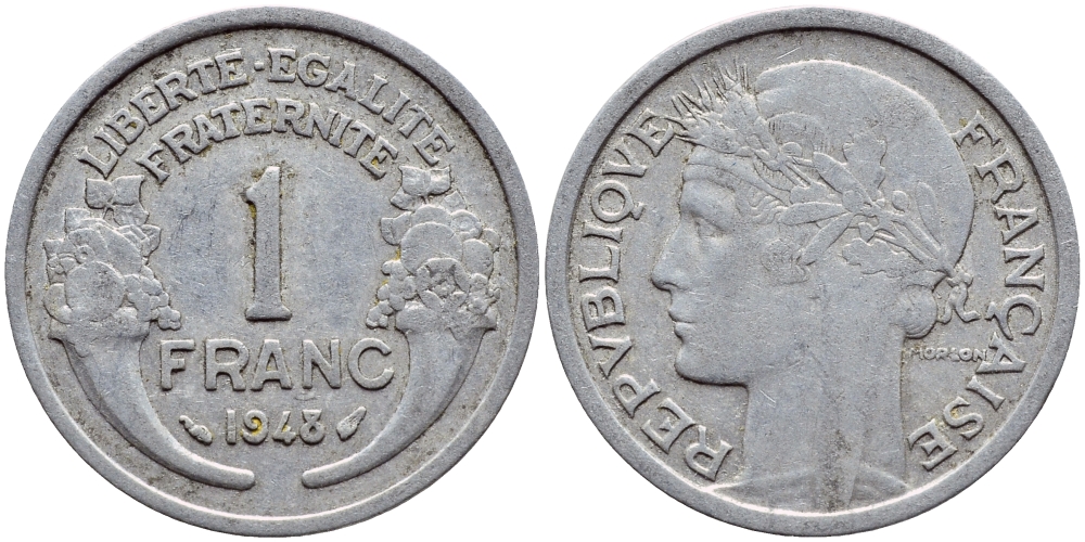 ФРАНЦИЯ 1 ФРАНК 1948 ТИП MORLON, LEGERE KM 885a.1, LE FRANC 221.13 алюминий 4397-655