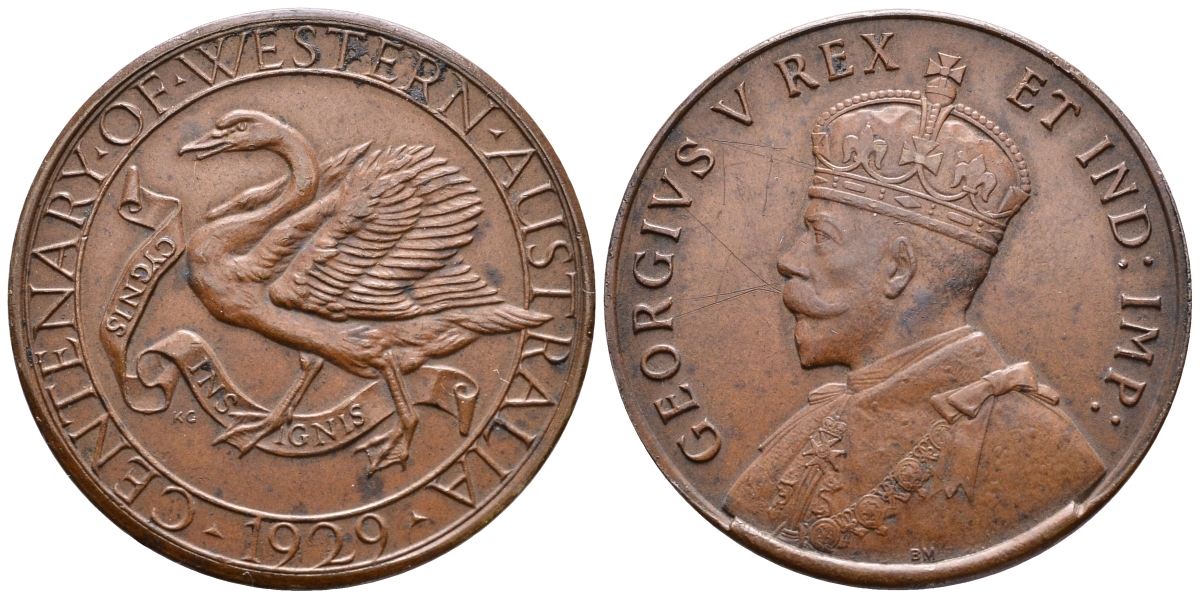 АНГЛИЯ МЕДАЛЬ 1929 100 ЛЕТ ЗАПАДНОЙ АВСТРАЛИИ, ГЕОРГ V, ЖУРАВЛЬ, ГЕОРГ V бронза 02-112-23