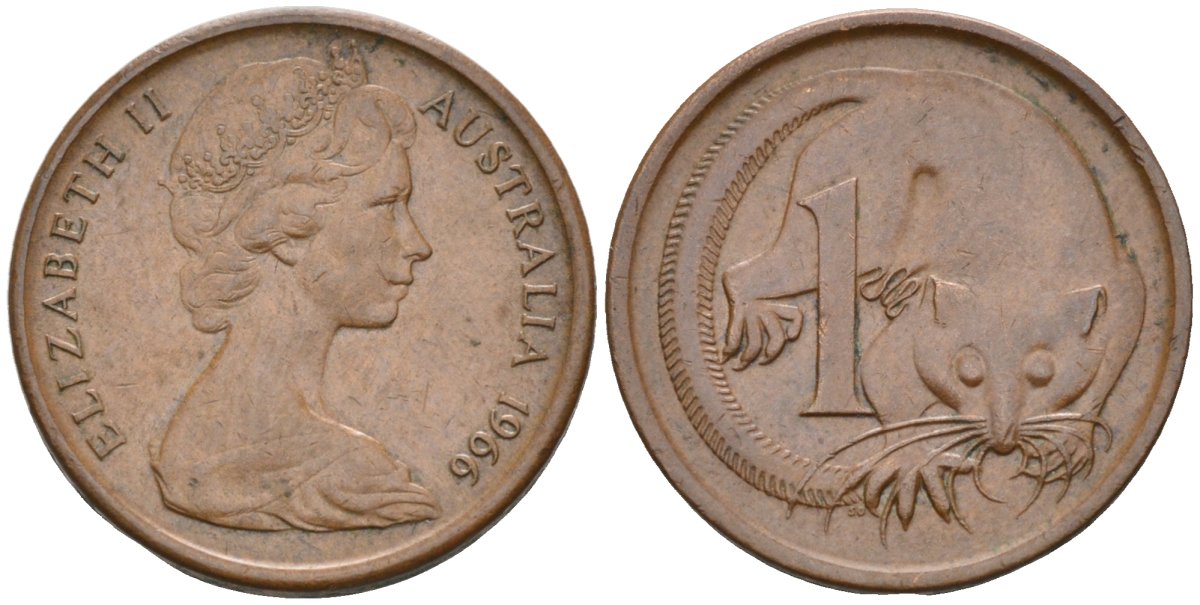 Австралия 1 цент 1966 опоссум, Елизавета II (1952-) KM 62 бронза 4580-325