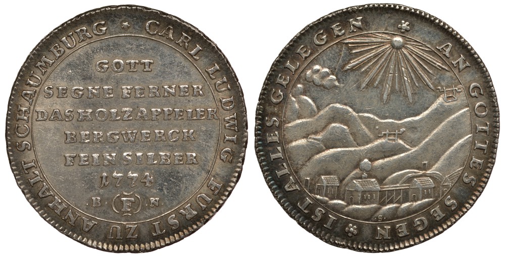 Ангальт-Бернбург-Шаумбург-Хойм 1/2 талера 1774 B(F)N/S, горнорудная добыча KM 1, Mann 847, Mueseler 1.4/2 серебро 10-015-09