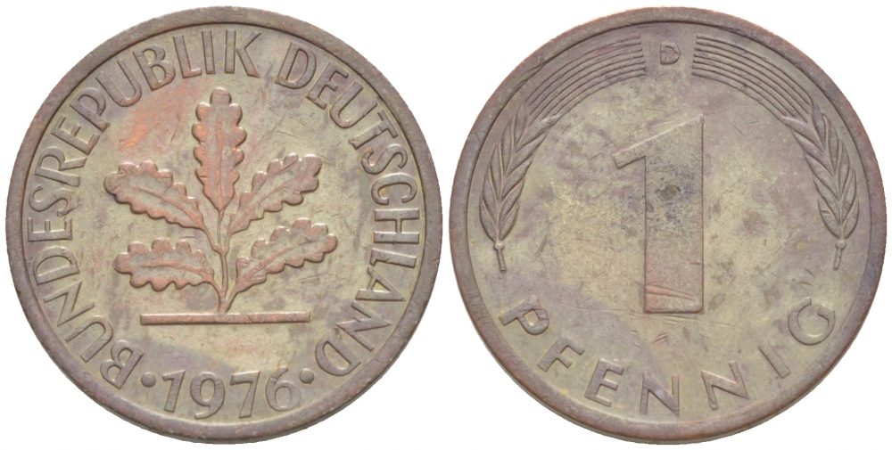 ФРГ 1 ПФЕННИГ 1976 D KM105, J.380 сталь плакированная медью 3718-223