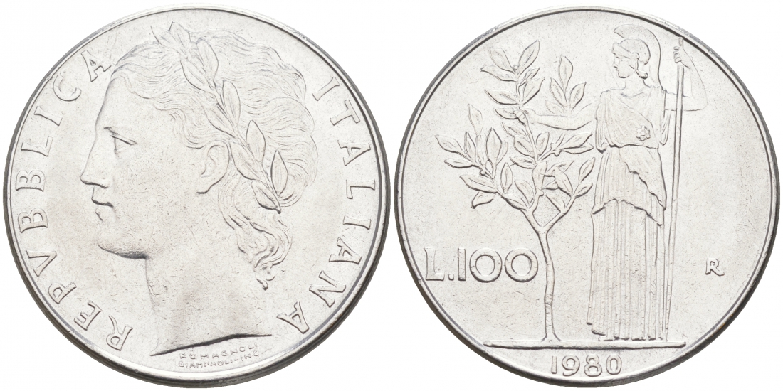 ИТАЛИЯ 100 ЛИР 1980 R АФИНА KM 96.1 сталь 3855-825