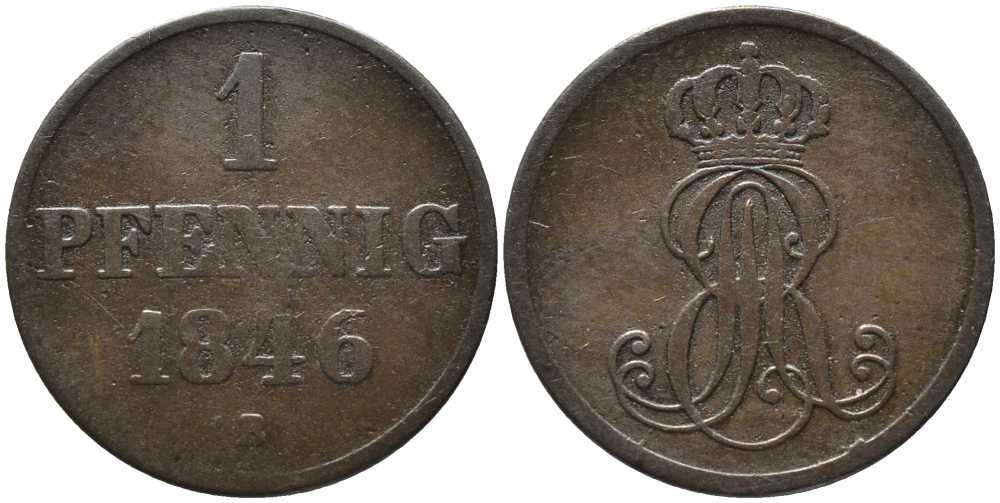 Ганновер 1 пфенниг 1846 B, Эрнст Август (1837-1851) KM 201.1, AKS 129, J. 74 медь 4448-1024