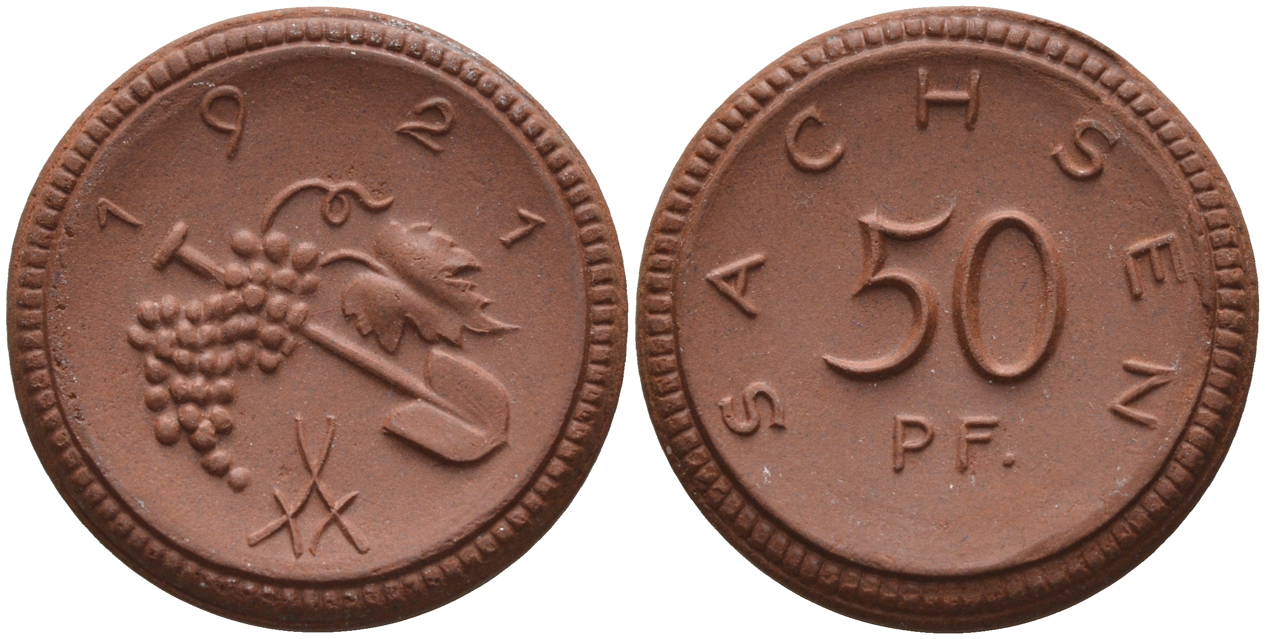 Саксония 50 пфеннигов 1921 виноград и лопата J. N 54 фарфор 1094-5-22