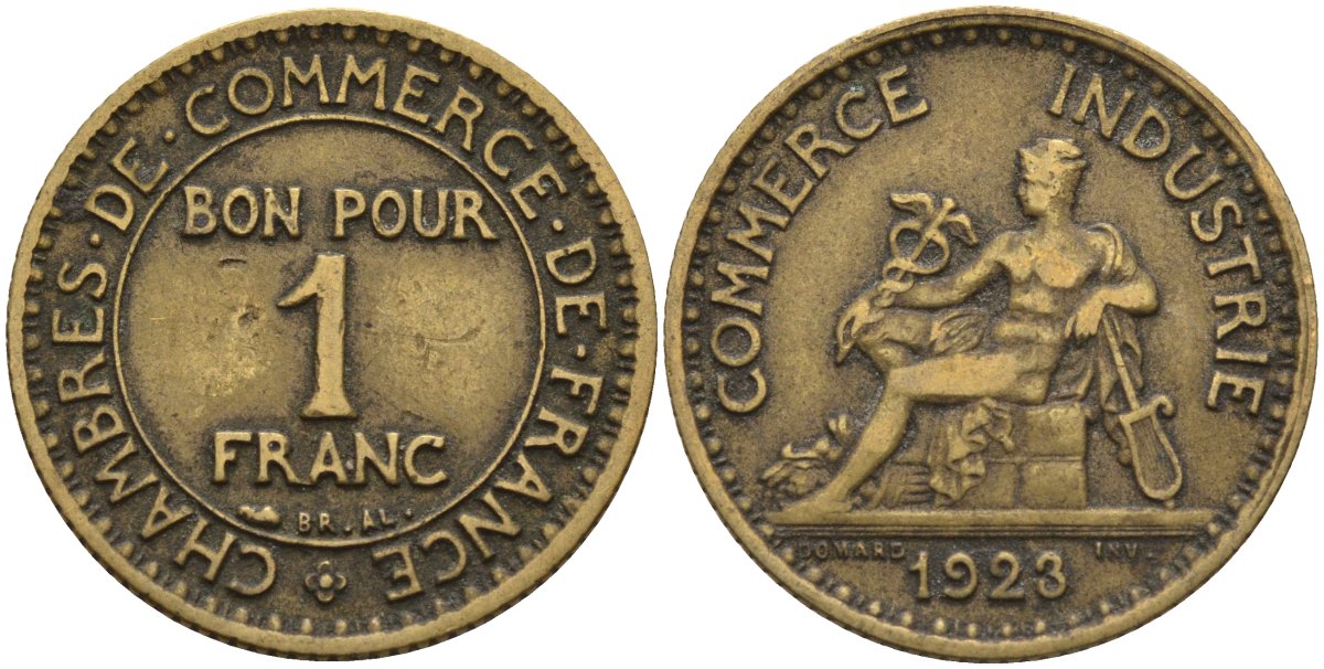 Франция 1 франк 1923 KM 876, Le Franc 218.5 алюминиевая бронза 4142-737