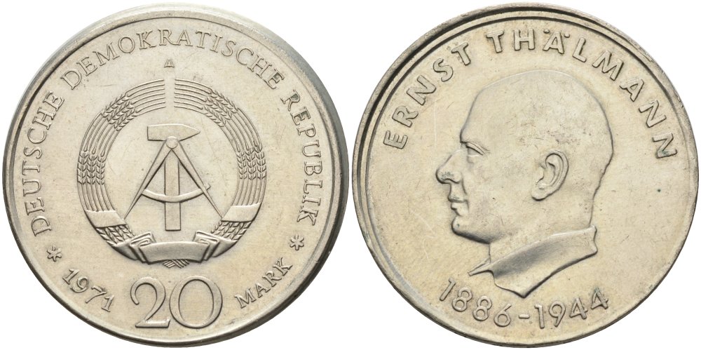 ГДР 20 марок 1971 A, 85 лет со дня рождения Эрнста Тельмана KM 34, J. 1535 медно-никель 4558-631