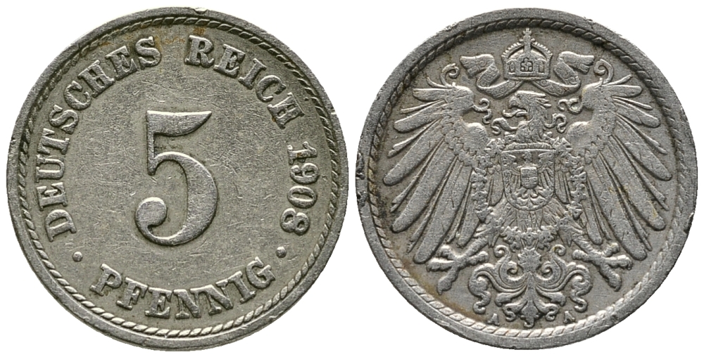 Германия 5 пфеннигов 1908 A KM 11, Jager 12, Weege 6 медно-никельь 39-935