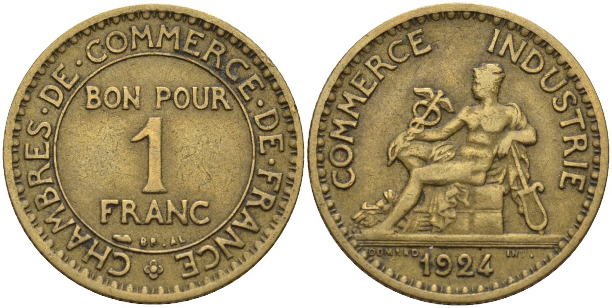 Франция 1 франк 1924 KM 876, Le Franc 218.5 алюминиевая бронза 4142-745