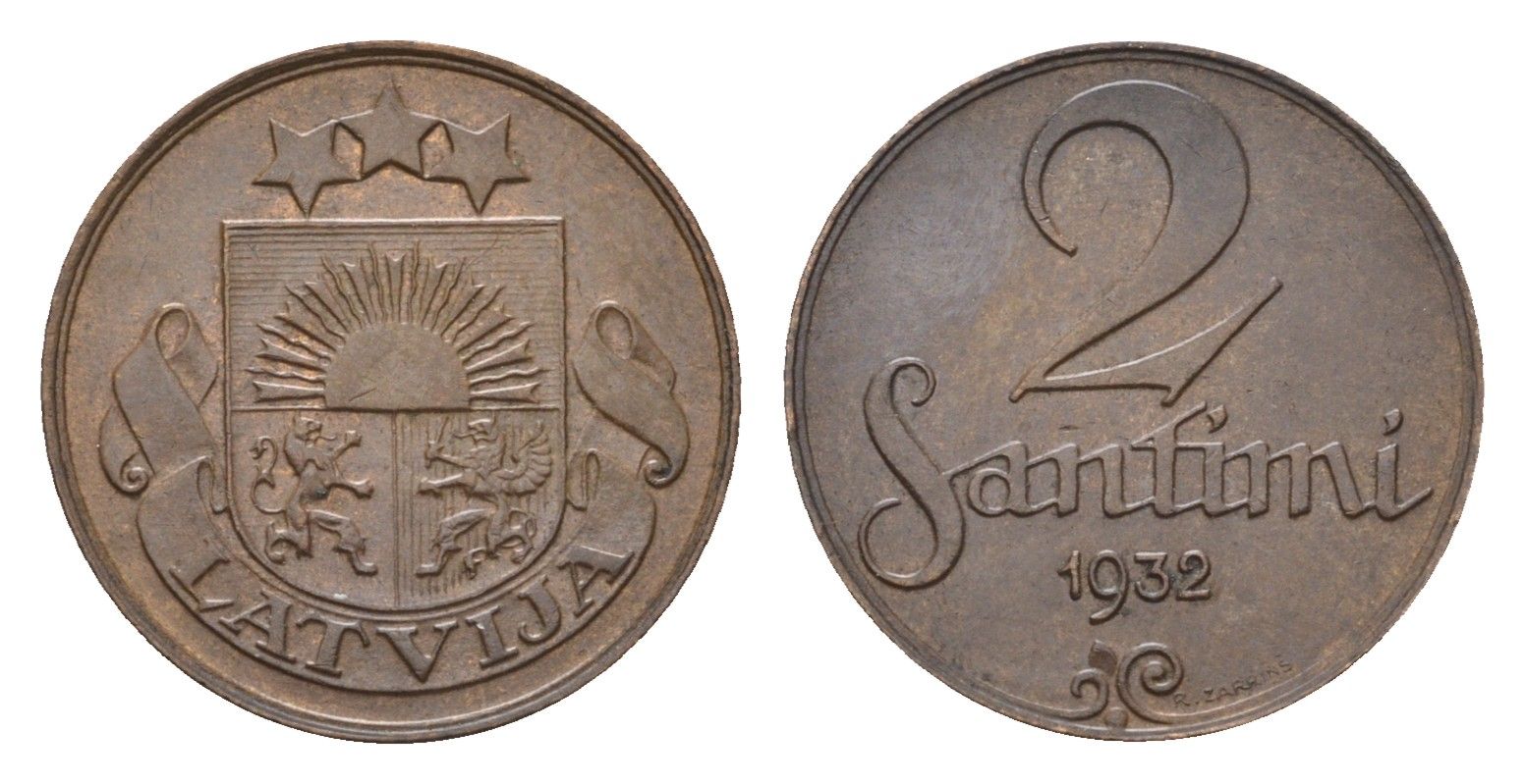 Латвия 2 сантима 1932 KM 2 бронза 4689-928